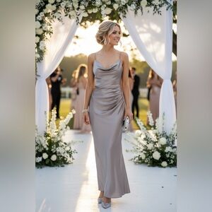 Birdy Grey Lydia Sexy Full Length Draped Dress Taupe Small NWT